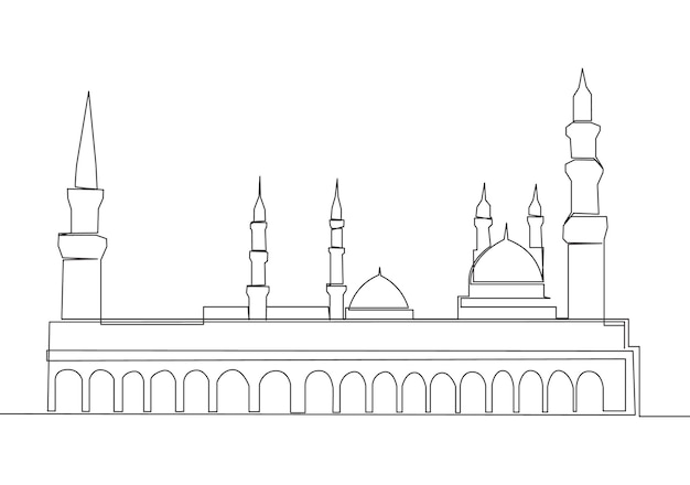 Dibujo de una sola línea de mezquita o Masjid An Nabawi en Medina Construcción histórica para rezar