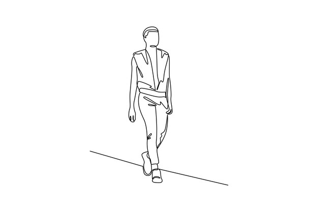 Un dibujo de una sola línea de modelo de espectáculo de moda masculino caminando concepto minimalista modelo de moda concepto minimalista de moda línea simple para la moda