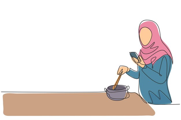 Dibujo de una sola línea de una mujer árabe cocinando mientras mira un tutorial sobre el vector de diseño de teléfonos inteligentes