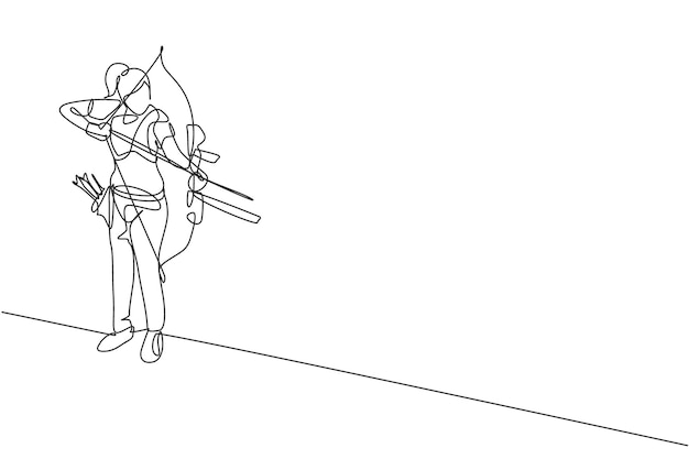 Un dibujo de una sola línea de una mujer arquera enfocándose en el ejercicio de tiro con arco Refresco saludable de disparo con arco