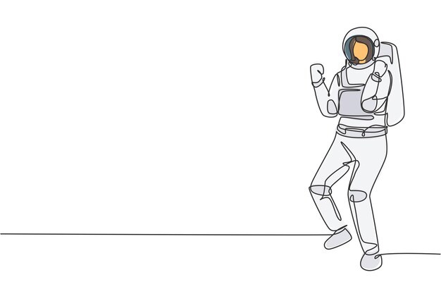 Dibujo de una sola línea mujer astronauta parada con traje espacial explorando el vector de arte de la luna de la tierra