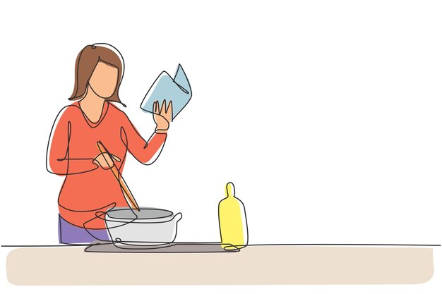 Dibujo de una sola línea de una mujer cocinando mientras lee un libro que está sosteniendo Estilo de vida de alimentos saludables