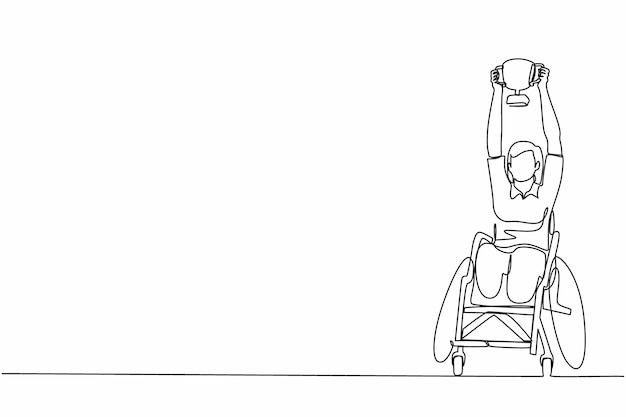 Dibujo de una sola línea de una mujer con discapacidad en silla de ruedas que sostiene el trofeo de la Copa de Oro ganador de vector gráfico