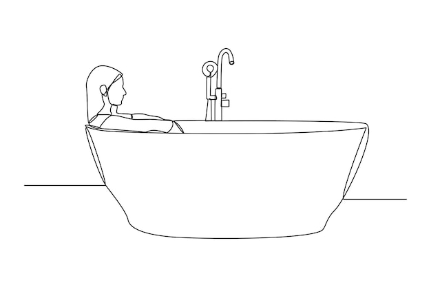 Dibujo de una sola línea mujer feliz está tomando un baño concepto de actividad de baño ilustración de vector gráfico de diseño de dibujo de línea continua