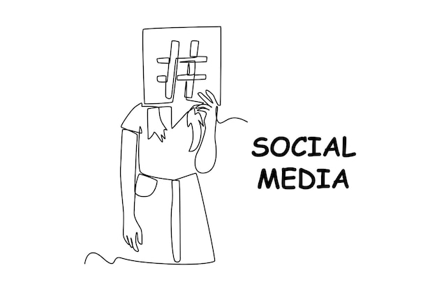 Dibujo de una sola línea mujer feliz usando hashtag en las redes sociales Concepto de redes sociales Diseño de dibujo de línea continua ilustración vectorial gráfica