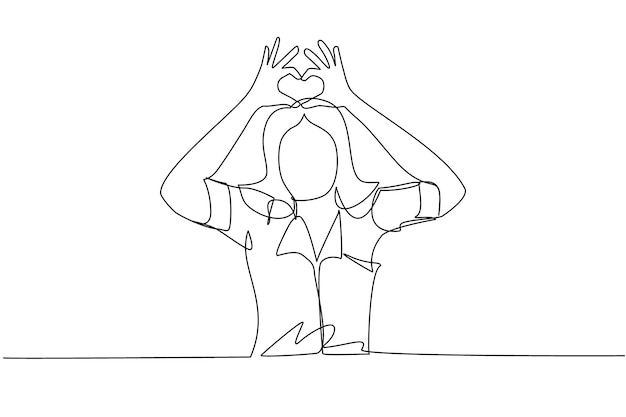 Dibujo de una sola línea de una mujer haciendo o gestando un símbolo de corazón con los dedos Estilo de vida femenino moderno