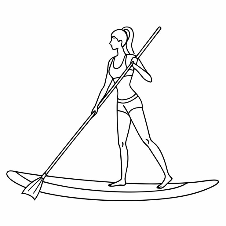 Vector dibujo en una sola línea de una mujer haciendo paddleboard de pie la ilustración debe ser en estilo vectorial de arte de líneas y aislada sobre un fondo blanco 16