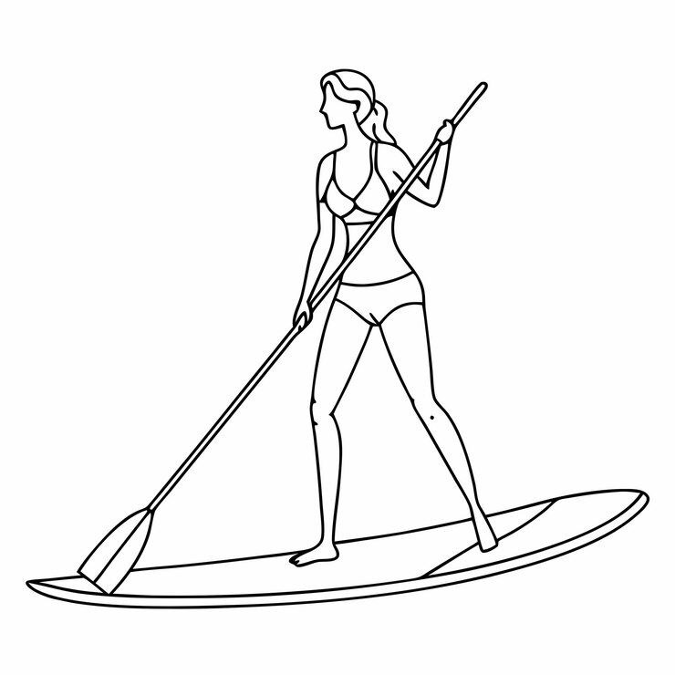 Vector dibujo en una sola línea de una mujer haciendo paddleboard de pie la ilustración debe ser en estilo vectorial de arte de líneas y aislada sobre un fondo blanco 18