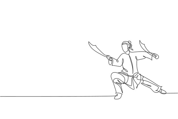 Un dibujo de una sola línea de una mujer joven con kimono wushu arte marcial kung fu con espadas en un vector de gimnasio
