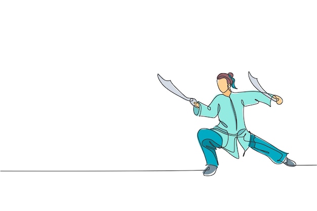 Un dibujo de una sola línea de una mujer joven con kimono wushu arte marcial kung fu con espadas en un vector de gimnasio