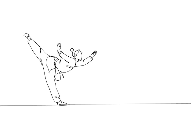 Dibujo de una sola línea de una mujer joven con kimono wushu y vector de técnica de equilibrio de postura de kung fu