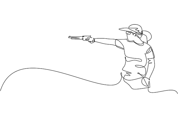 Dibujo de una sola línea de una mujer joven practicando para disparar al blanco en un gráfico de arte vectorial en el suelo de tiro