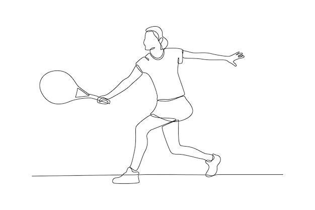 Vector un dibujo de una sola línea de una mujer jugando con una pelota de tenis