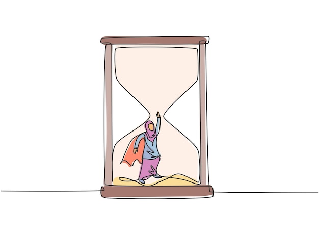 Dibujo de una sola línea de una mujer de negocios árabe con alas volando para salir del vector de reloj de arena