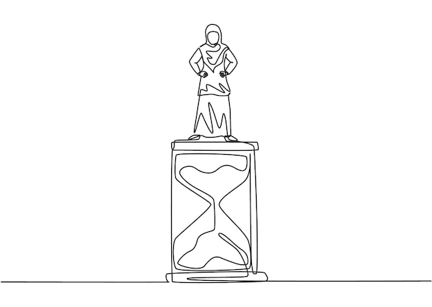 Dibujo de una sola línea de una mujer de negocios árabe parada encima del vector del tiempo del símbolo del reloj de arena