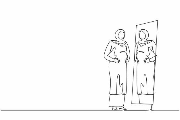 Dibujo de una sola línea de una mujer de negocios árabe de pie frente a un espejo de diseño gráfico vectorial
