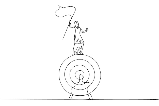 Dibujo de una sola línea de una mujer de negocios árabe de pie en un gran tablero de objetivos de flecha levantando una bandera