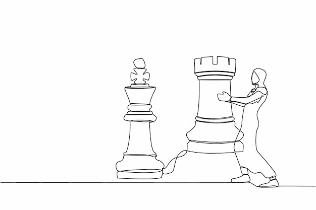 Dibujo de una sola línea de una mujer de negocios árabe sosteniendo una pieza de ajedrez de torre Vector de planificación estratégica