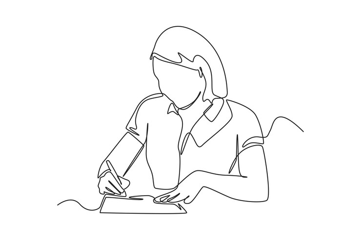 Vector dibujo de una sola línea mujer de negocios feliz mano sosteniendo la pluma y llenando el formulario de impuestos concepto de impuestos diseño de dibujo de línea continua ilustración vectorial gráfica