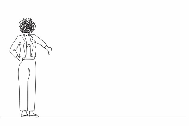 Dibujo de una sola línea mujer de negocios con garabates redondos en lugar de cabeza mujer sufre dolor de cabeza
