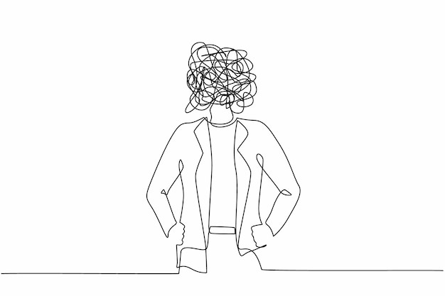 Dibujo de una sola línea de una mujer de negocios con garabates redondos en lugar de cabeza sosteniendo la mano en la cadera