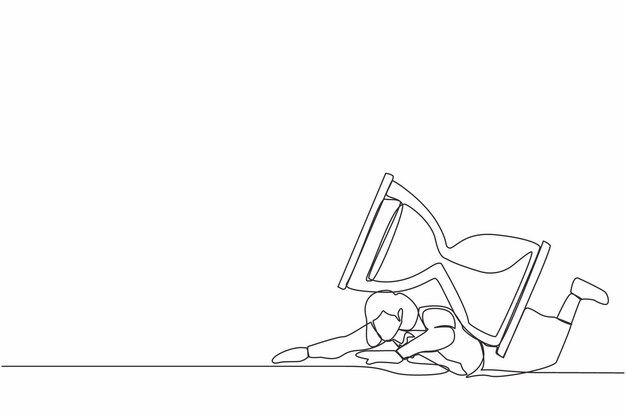 Un dibujo de una sola línea de una mujer de negocios infeliz bajo la pesada carga de un reloj de arena, vector de empleado de oficina.