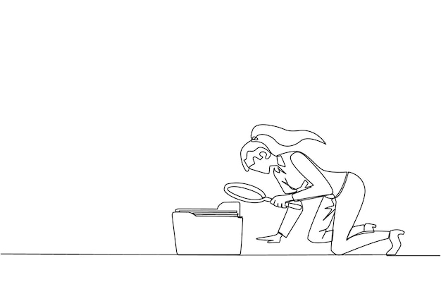Dibujo de una sola línea de una mujer de negocios sosteniendo una lupa resaltando la ilustración del icono de la carpeta