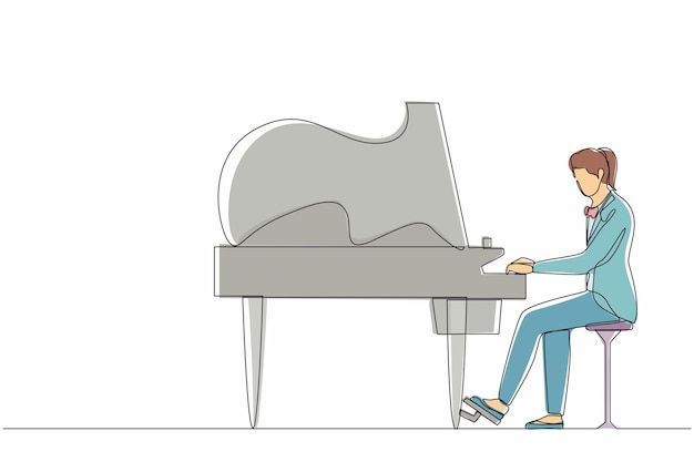 Vector dibujo de una sola línea de una mujer tocando el piano una intérprete se sienta en un instrumento musical