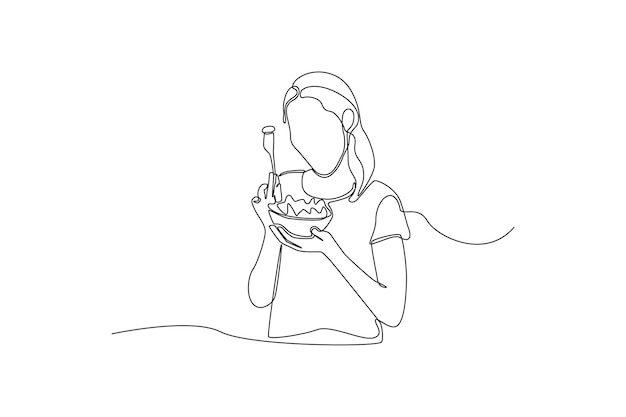 Dibujo de una sola línea niña fresca comiendo ensalada en un tazón Concepto del día mundial de la alimentación Dibujo de línea continua diseño gráfico vector ilustración