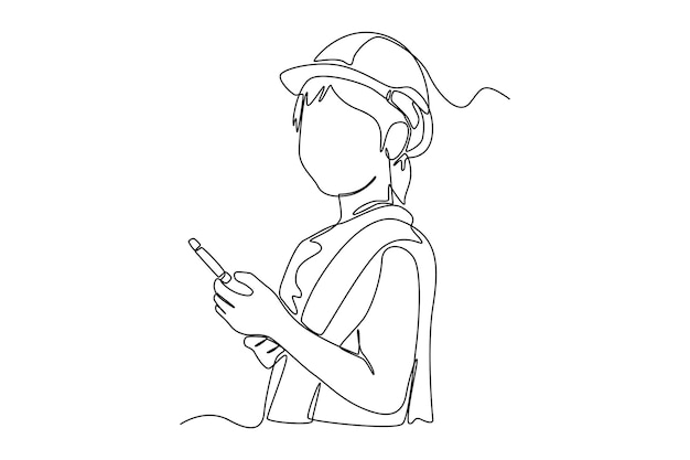 Dibujo de una sola línea Niña pequeña con un casco de seguridad en la cabeza y un walkie talkie en las manos Concepto de carga Dibujo de línea continua diseño gráfico vectorial ilustración