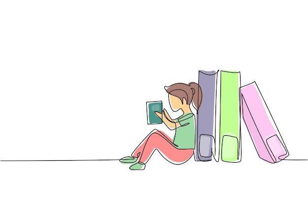 Dibujo de una sola línea de una niña pequeña leyendo, aprendiendo y apoyándose en libros grandes, vector de diseño de estudio