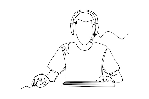 Dibujo de una sola línea niño feliz usando auriculares jugando videojuegos en línea en su computadora Concepto de juego de Esports Diseño de dibujo de línea continua ilustración vectorial gráfica