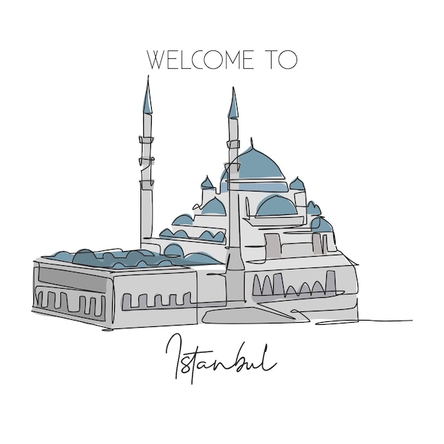 Un dibujo de una sola línea Nuevo monumento de la mezquita Famoso paisaje urbano icónico Vector de diseño de Estambul Turquía