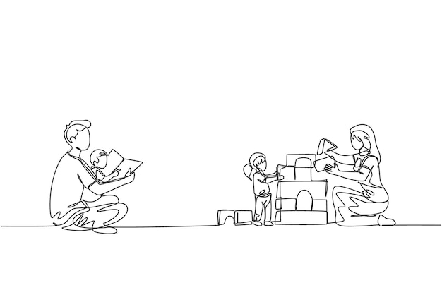 Un dibujo de una sola línea padre leyendo un libro y madre jugando casa de rompecabezas de bloques con la hija vector