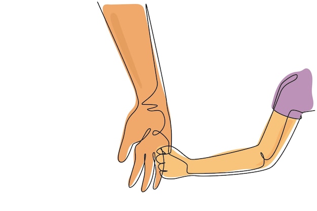 Un dibujo de una sola línea de padres felices sosteniendo la mano del niño Infancia con la familia El niño tiene vínculo