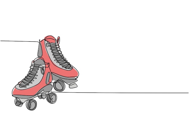 Un dibujo de una sola línea de un par de viejos patines de cuatro ruedas de plástico retro. Deporte clásico vintage de moda.