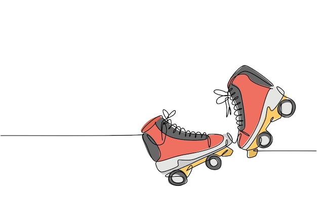Un dibujo de una sola línea de un par de viejos zapatos de patines de cuatro ruedas de plástico retro Deporte extremo clásico
