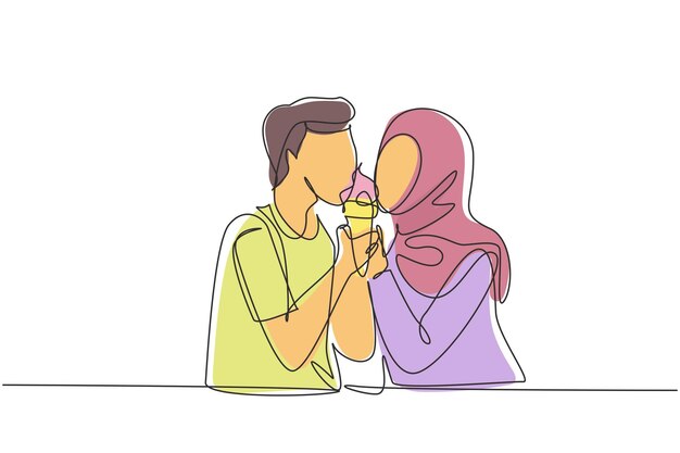 Dibujo de una sola línea de una pareja árabe compartiendo un cono de helado diseño de ilustración vectorial gráfica