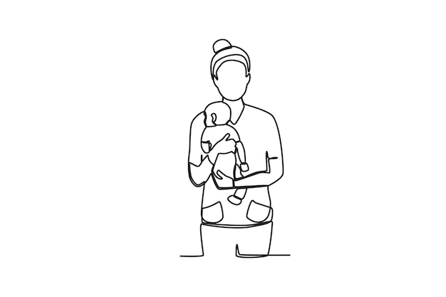 Un dibujo de una sola línea de una partera sosteniendo a un niño pequeño