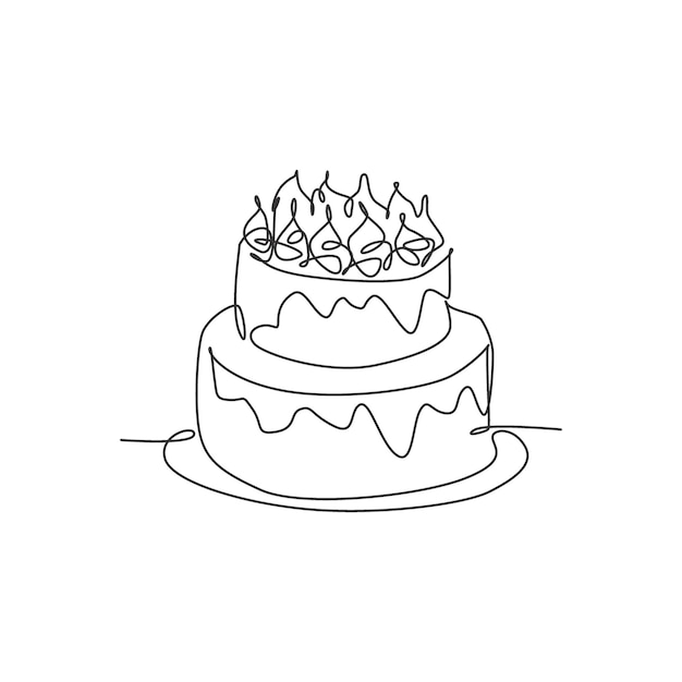 Un dibujo de una sola línea de pastel de cumpleaños hecho en casa con velas sobre el arte de diseño gráfico vectorial