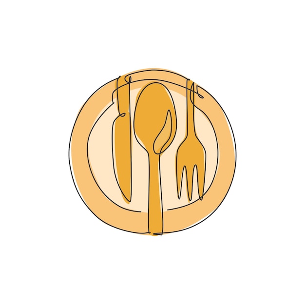 Dibujo de una sola línea de plato, cuchillo, tenedor y cuchillo para la ilustración de arte vectorial del logotipo del restaurante