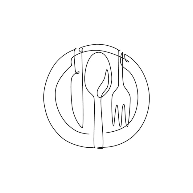 Dibujo de una sola línea de plato, cuchillo, tenedor y cuchillo para la ilustración de arte vectorial del logotipo del restaurante