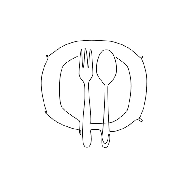 Dibujo de una sola línea de plato, tenedor y cuchara para el logotipo del restaurante, ilustración vectorial, comida callejera