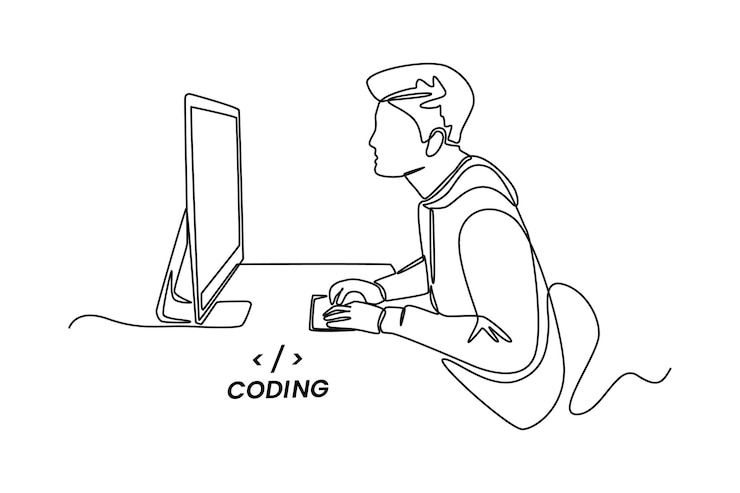 Vector dibujo de una sola línea los programadores o desarrolladores crean código de lenguaje de programación frente a la computadora concepto de código de programación ilustración de vector gráfico de diseño de dibujo de línea continua