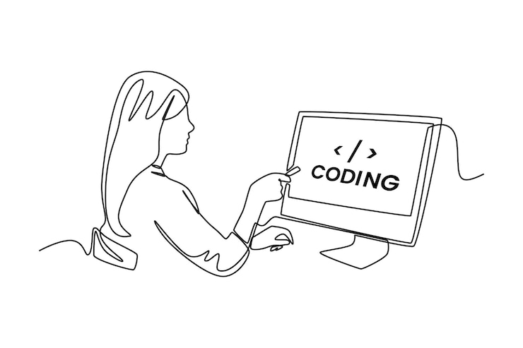 Vector dibujo de una sola línea los programadores o desarrolladores crean código de lenguaje de programación frente a la computadora concepto de código de programación ilustración de vector gráfico de diseño de dibujo de línea continua