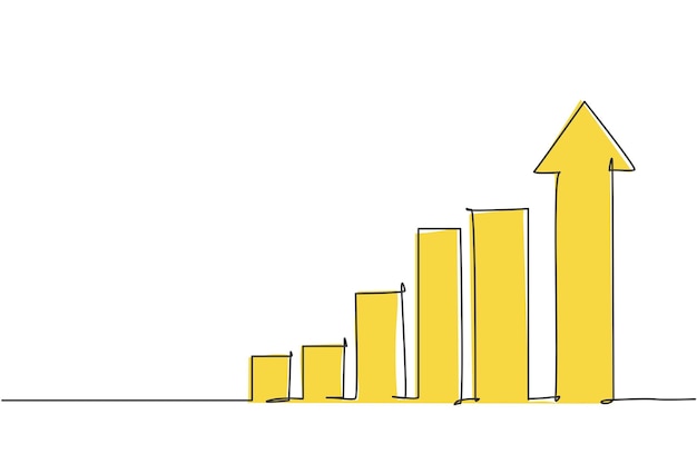 Vector dibujo de una sola línea que aumenta las flechas hacia arriba signo de gráfico de barras crecimiento del mercado de ventas financieras comerciales