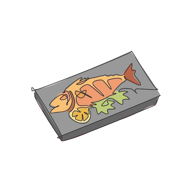 Dibujo de una sola línea de sabroso y delicioso salmón al horno en una ilustración vectorial del logotipo de un plato caliente