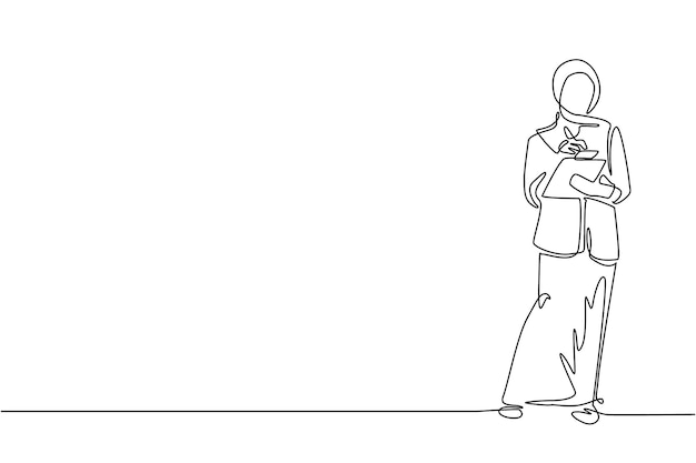 Dibujo de una sola línea de una secretaria de oficina que escribe con un portapapeles mujer árabe con ropa elegante