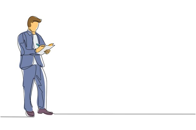 Dibujo de una sola línea de secretario de oficina masculino escribiendo con un bloc de notas Hombre inteligente con ropa elegante