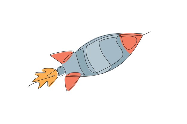 Vector un dibujo de una sola línea de un simple cohete vintage despega hacia la exploración de vectores del espacio ultraterrestre